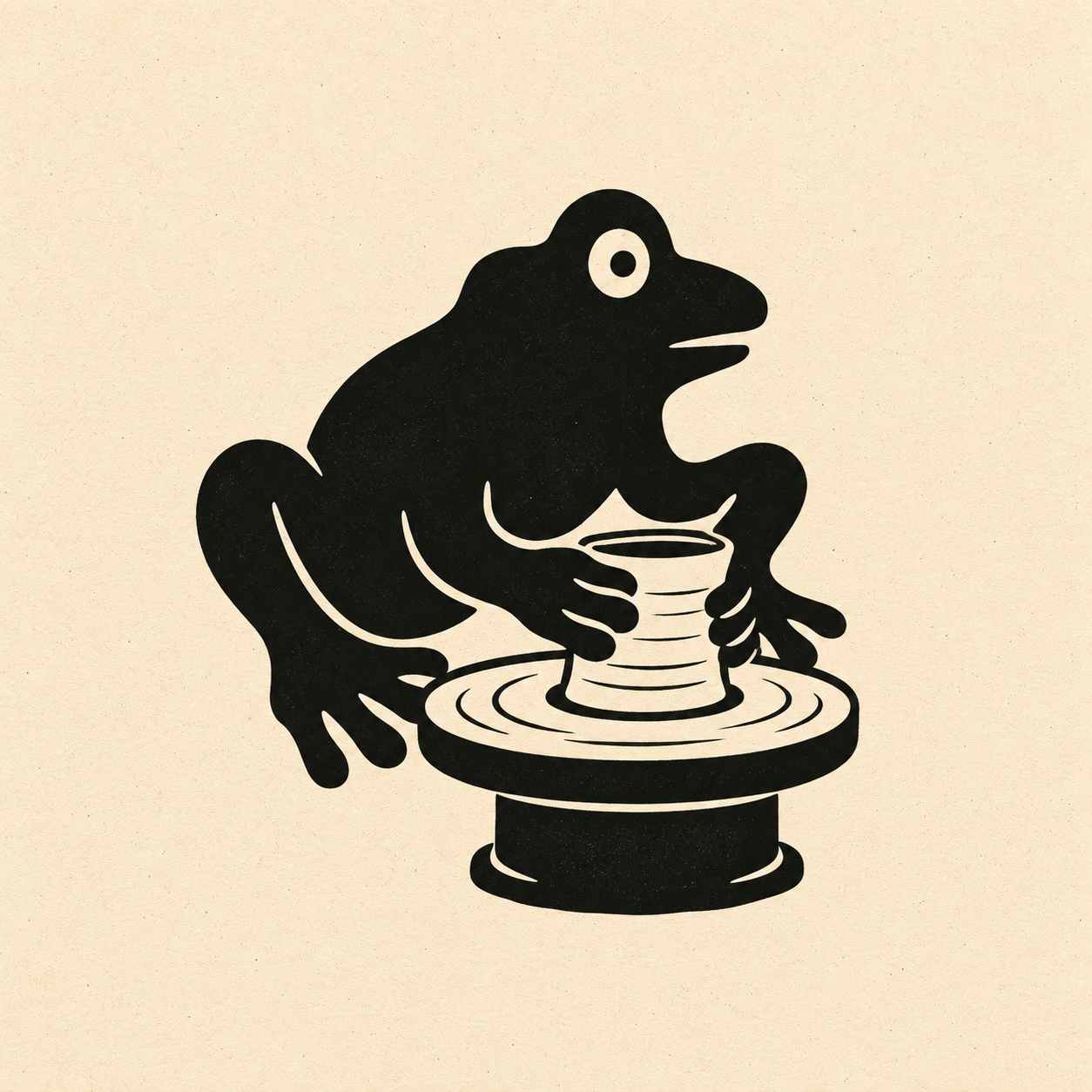 A black illustrated frog shaping clay on a potter’s wheel